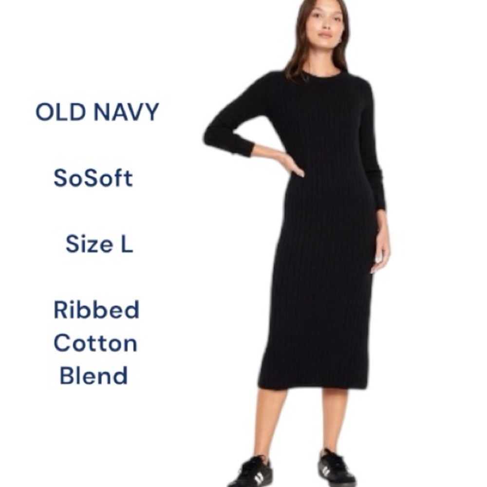 Old Navy Midi SoSoft Ribbed Black Long Sleeve Dress Size L Tall